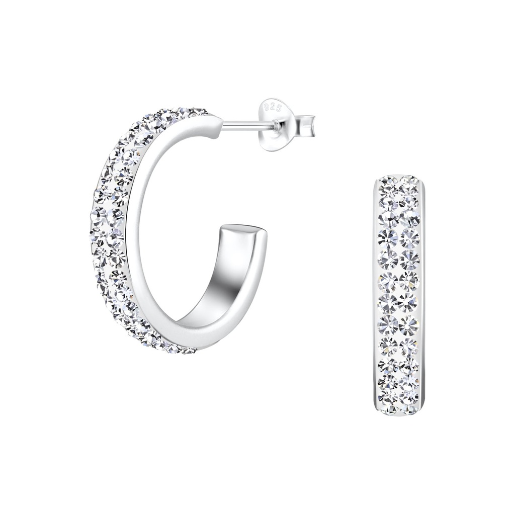 [10028070] Silver Half Hoop Crystal Stud Earrings