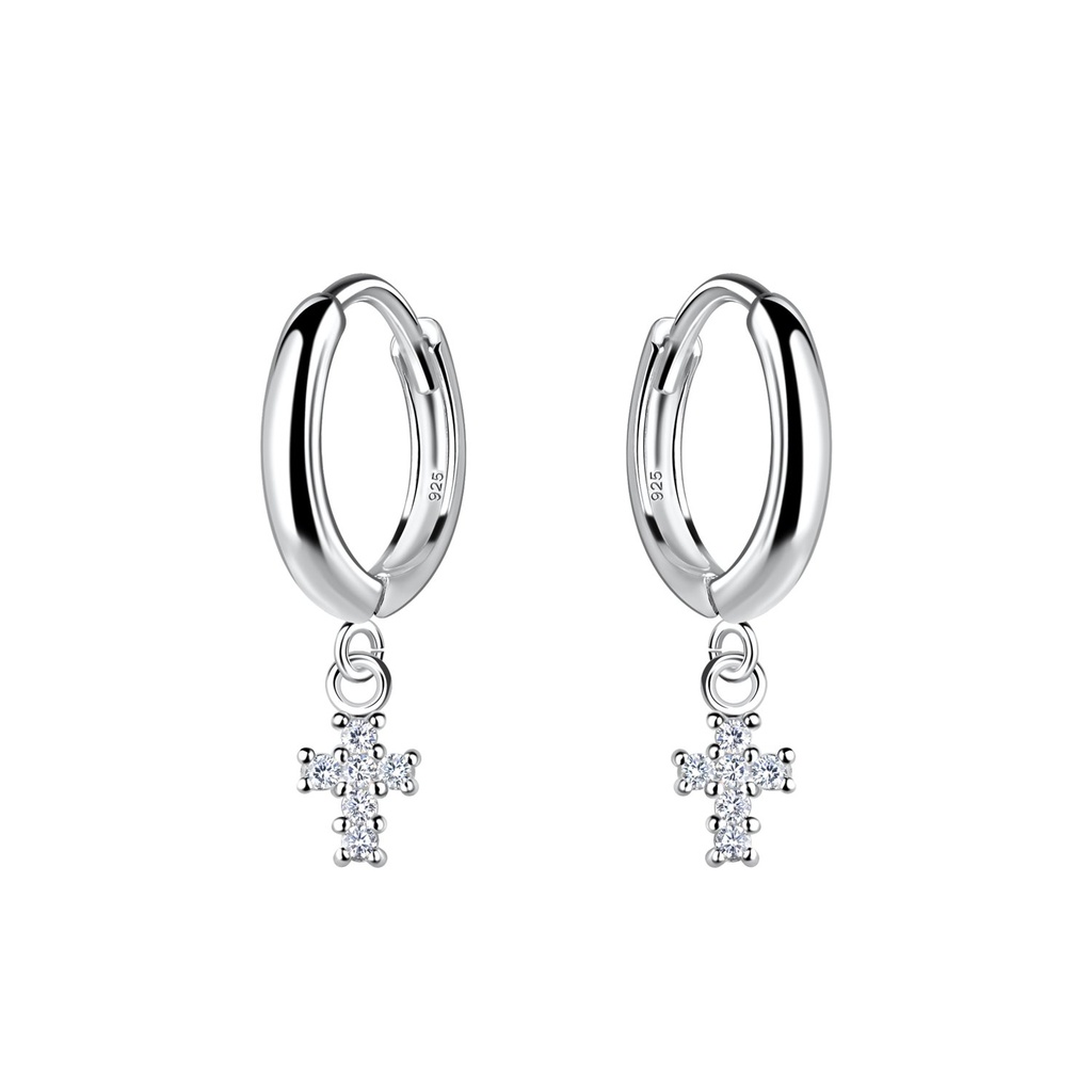 Silver Cross Charm Huggie Earrings
