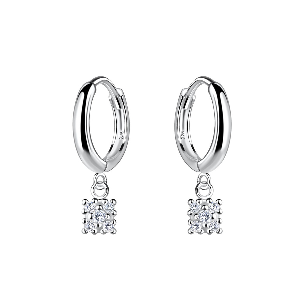 [10030563] Silver Square Charm Huggie Earrings