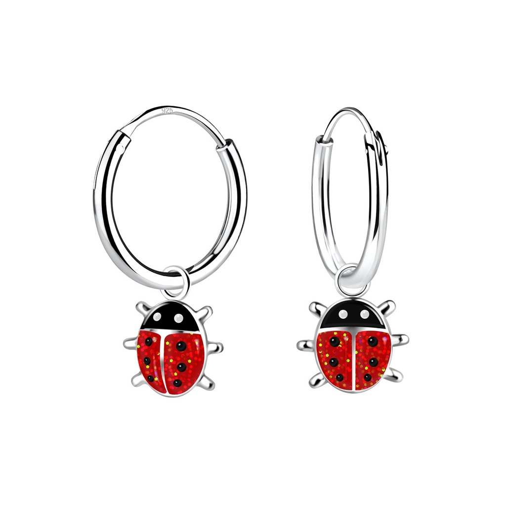Silver Ladybug Charm Hoop Earrings