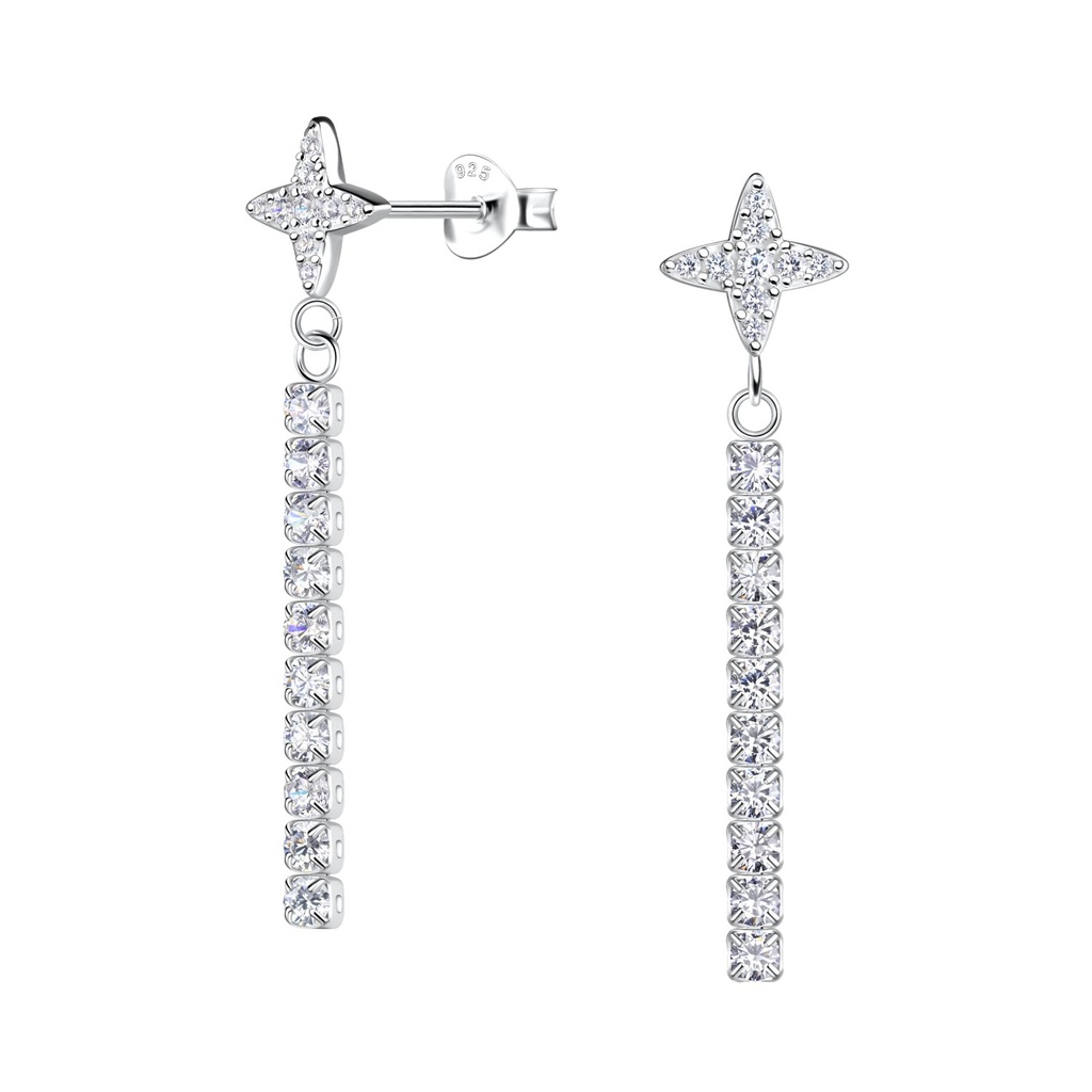 [10031368] Silver Star Stud Earrings with Hanging Tennis Chain