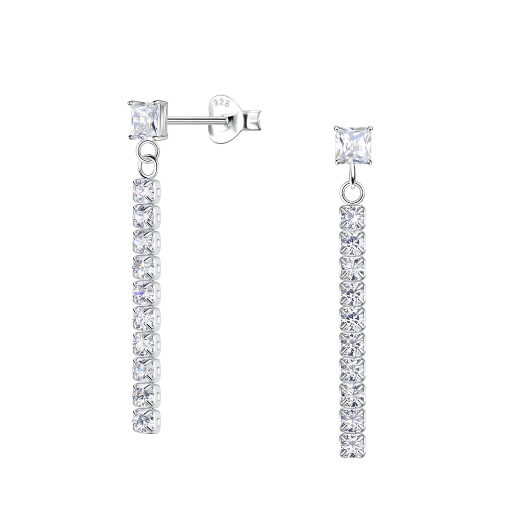 [10031364] Puces d'oreilles carrées en argent avec chaîne tennis pendantes