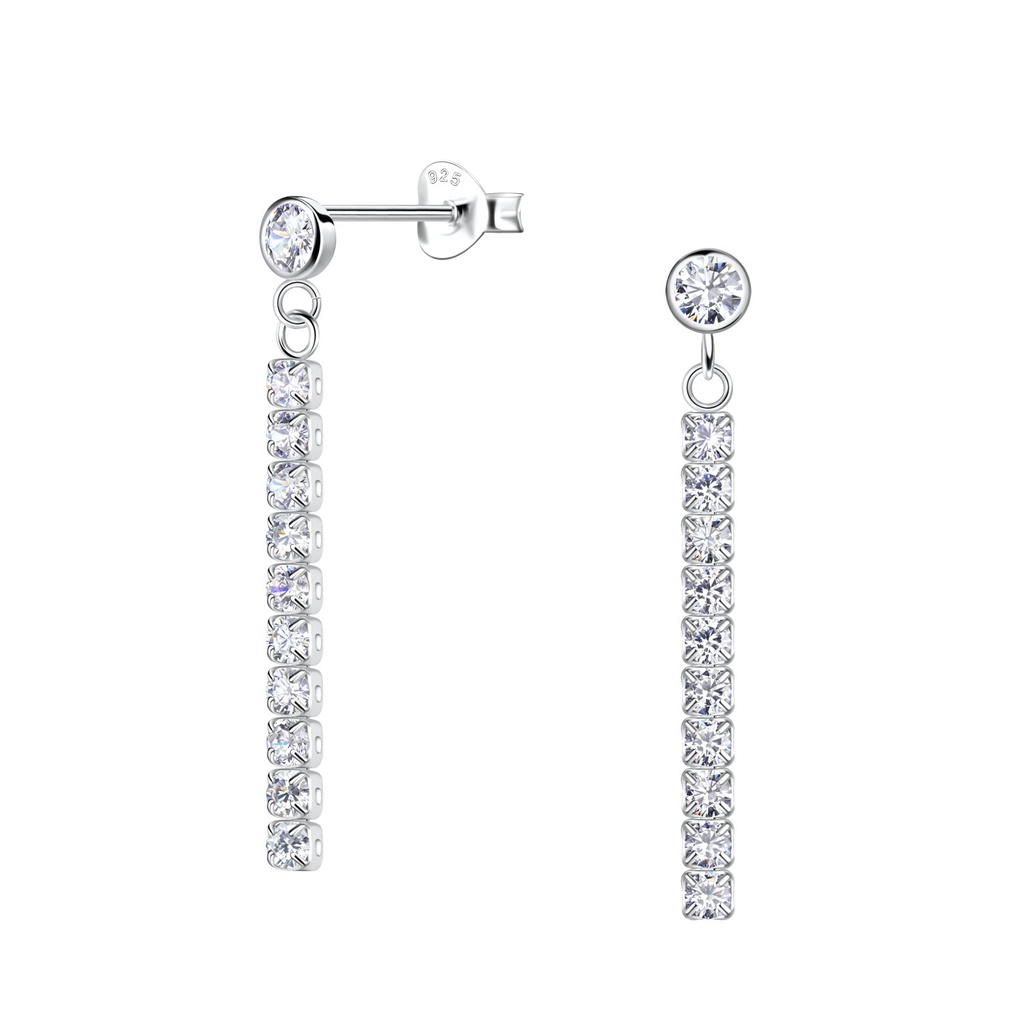 Silver Round Stud Earrings with Hanging Tennis Chain
