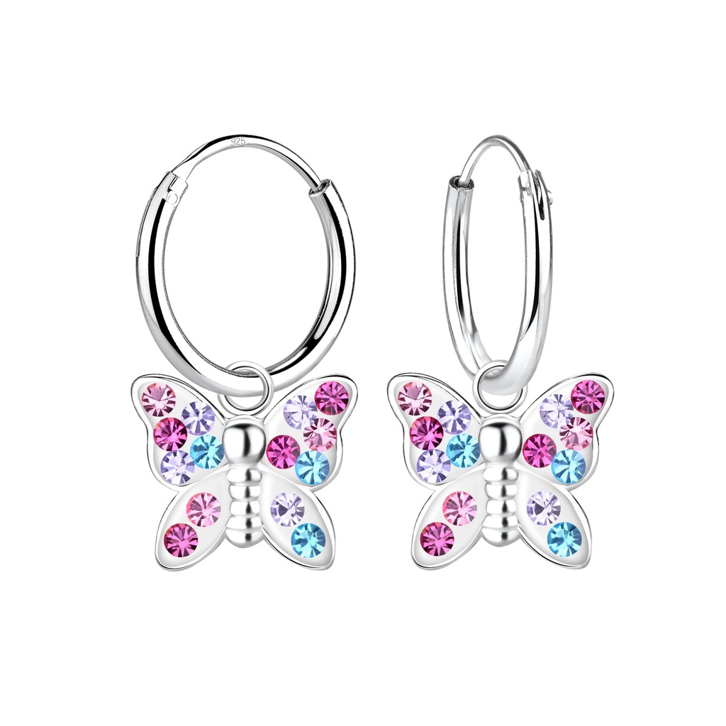 Silver Butterfly Crystal Charm Hoop Earrings