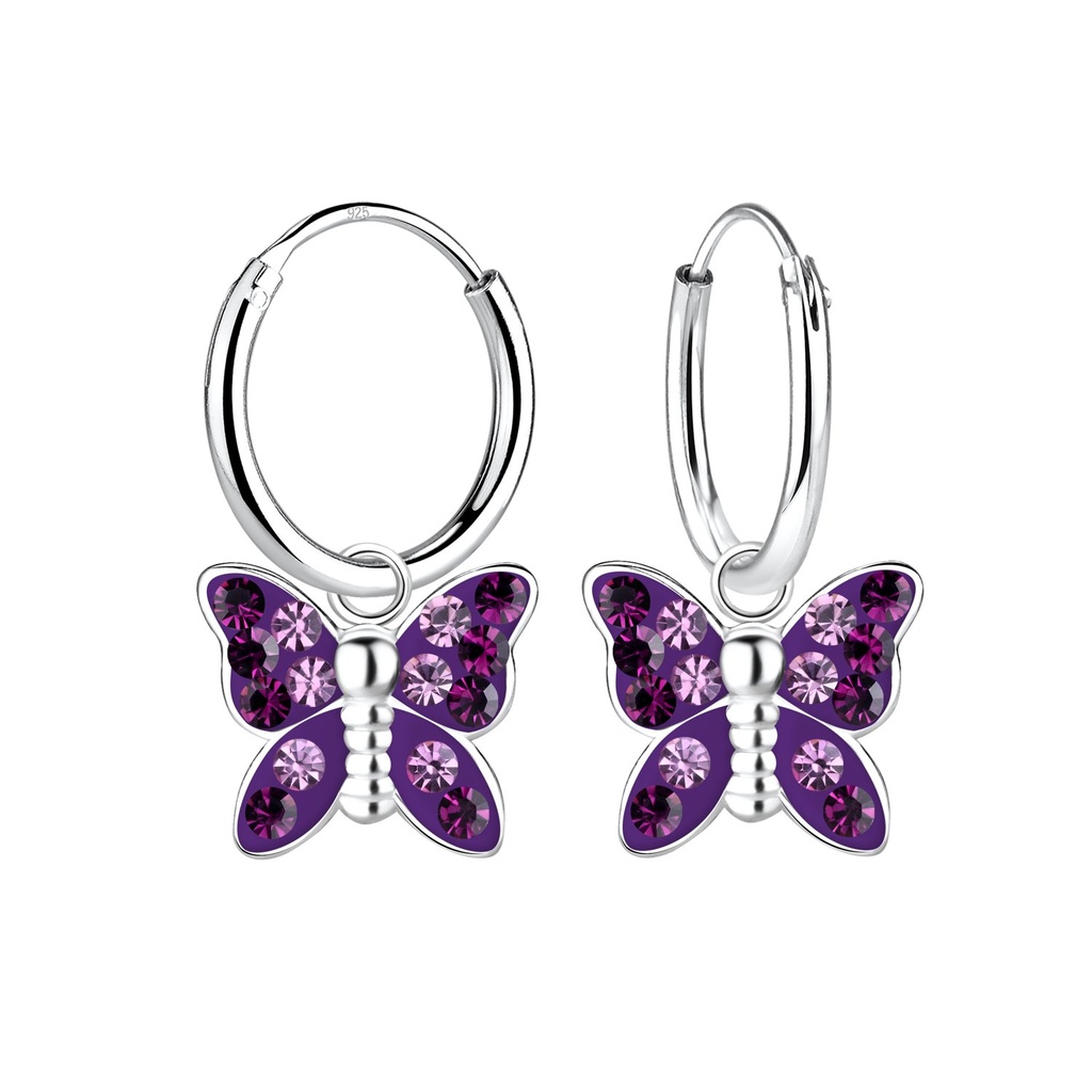 Silver Butterfly Crystal Charm Hoop Earrings