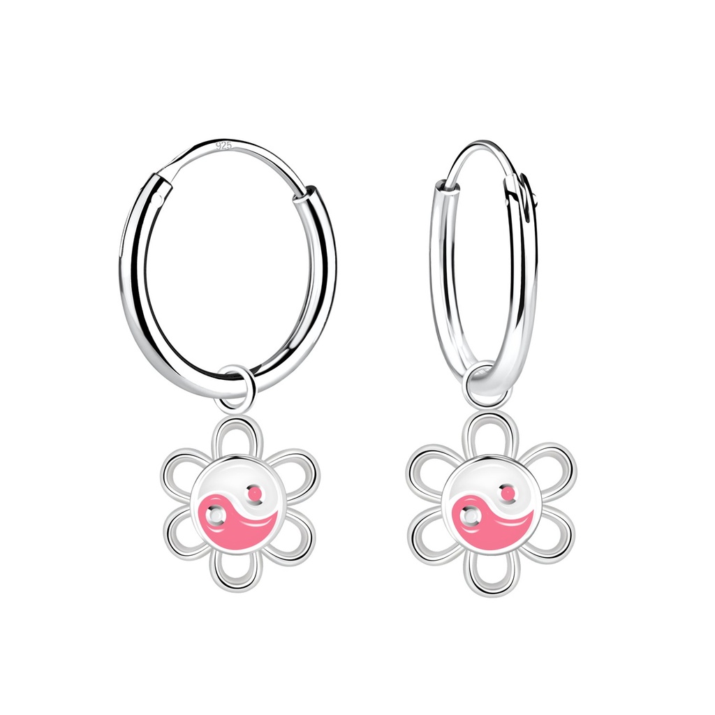 Silver Yin Yang Flower Charm Hoop Earrings