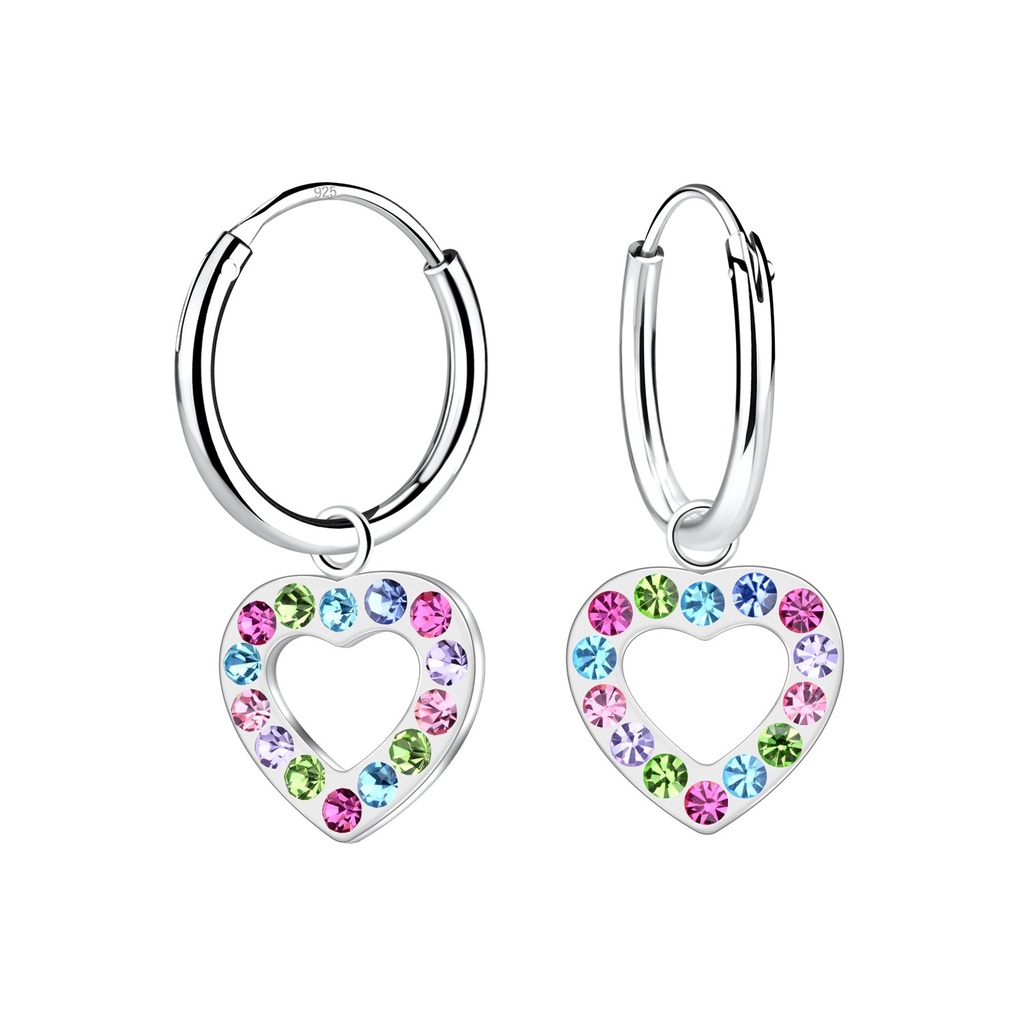 Silver Heart Crystal Charm Hoop Earrings