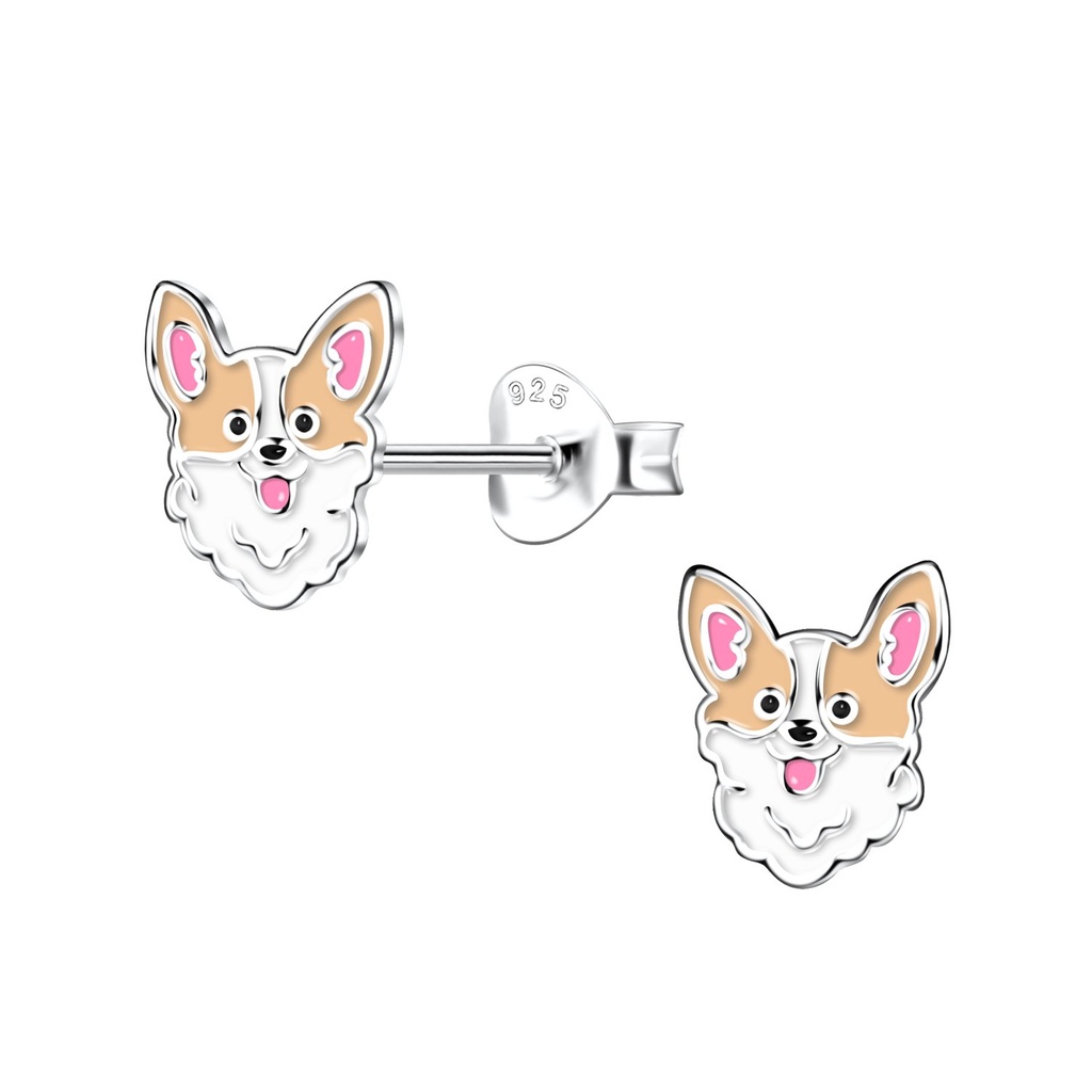 Silver Corgi Dog Stud Earrings