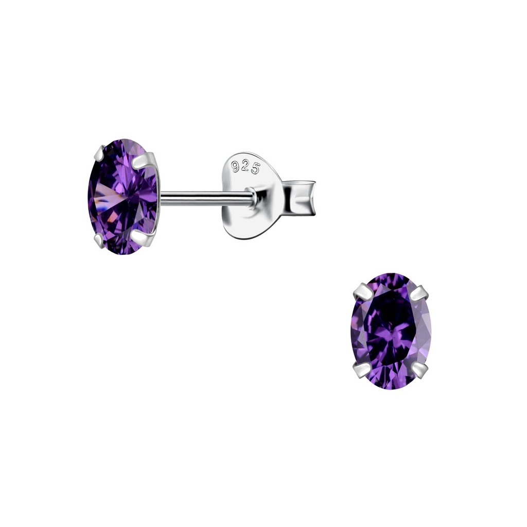 [10031159] 4x6mm Oval Cubic Zirconia Silver Stud Earrings (Amethyst)