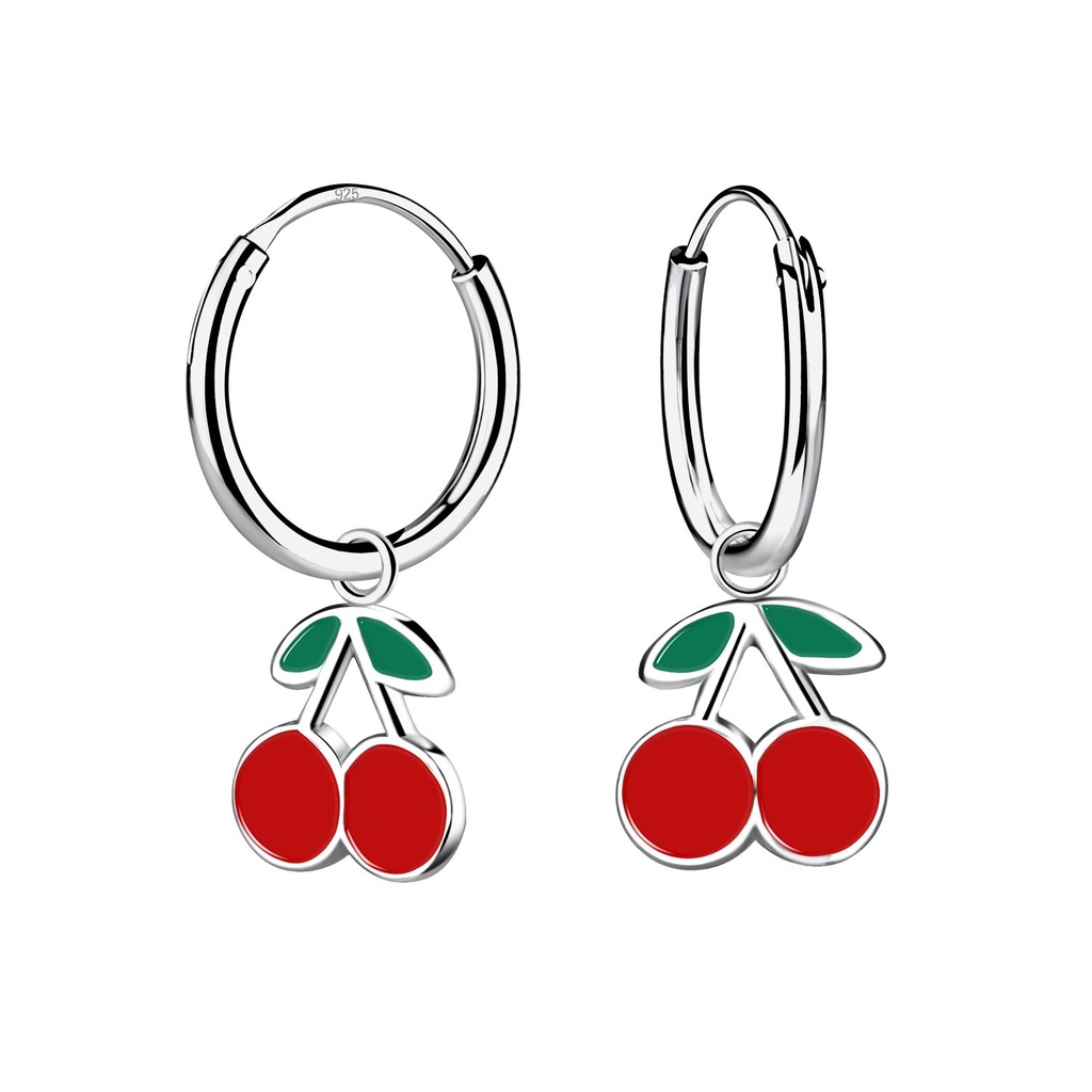 Silver Cherry Charm Hoop Earrings