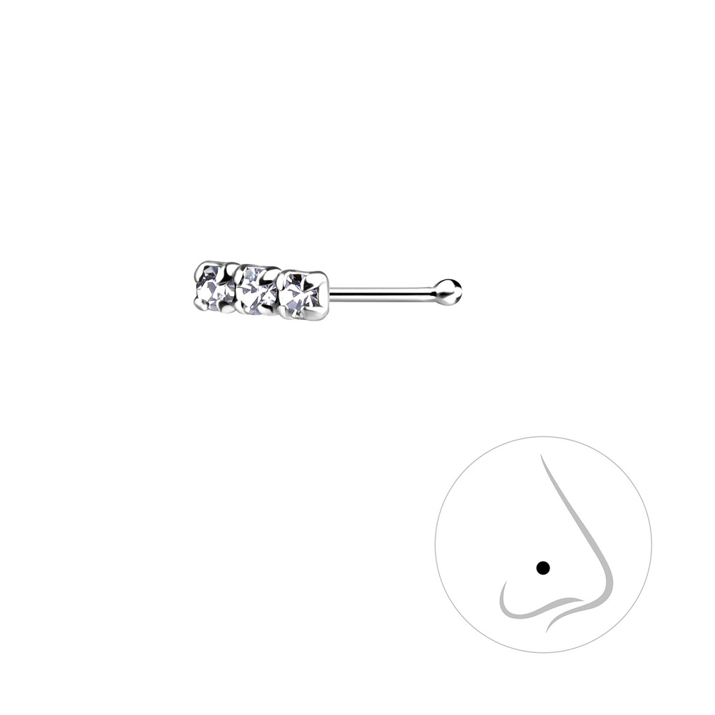 Silver Crystal Bar Nose Stud with Ball