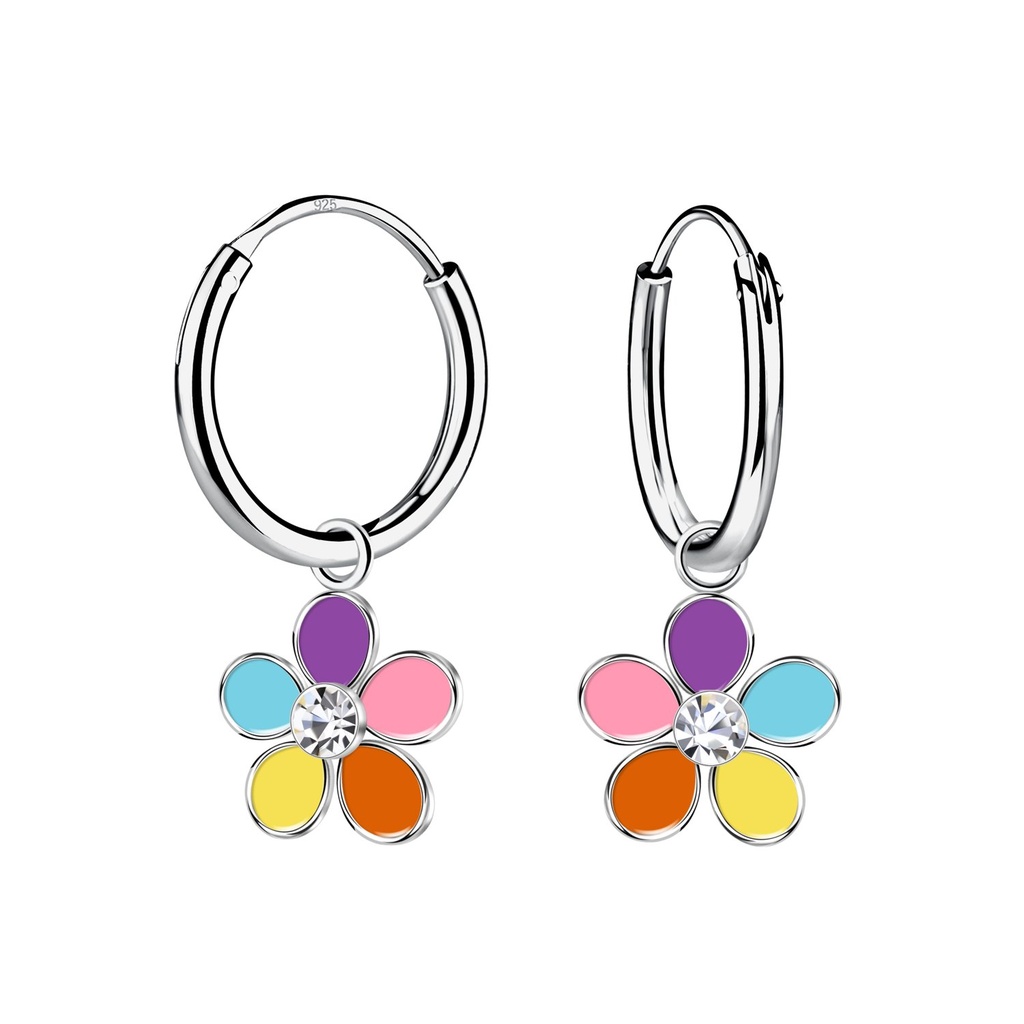 Silver Flower Crystal Charm Hoop Earrings