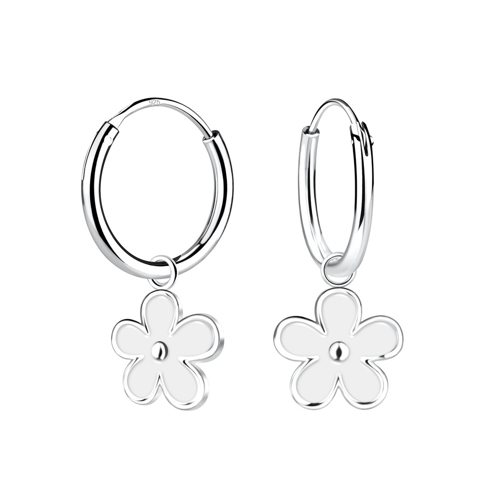 Silver Flower Charm Hoop Earrings
