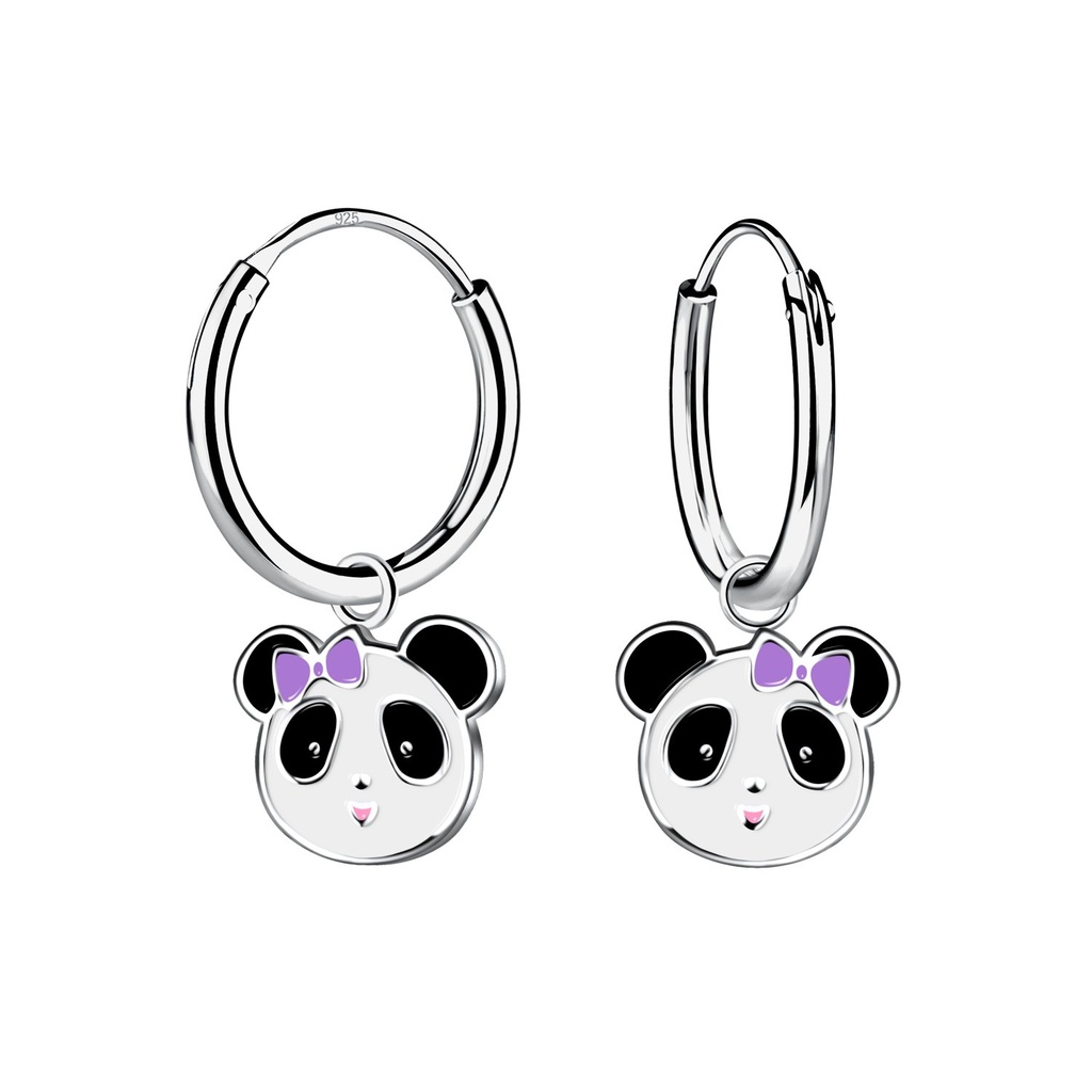 Silver Panda Charm Hoop Earrings
