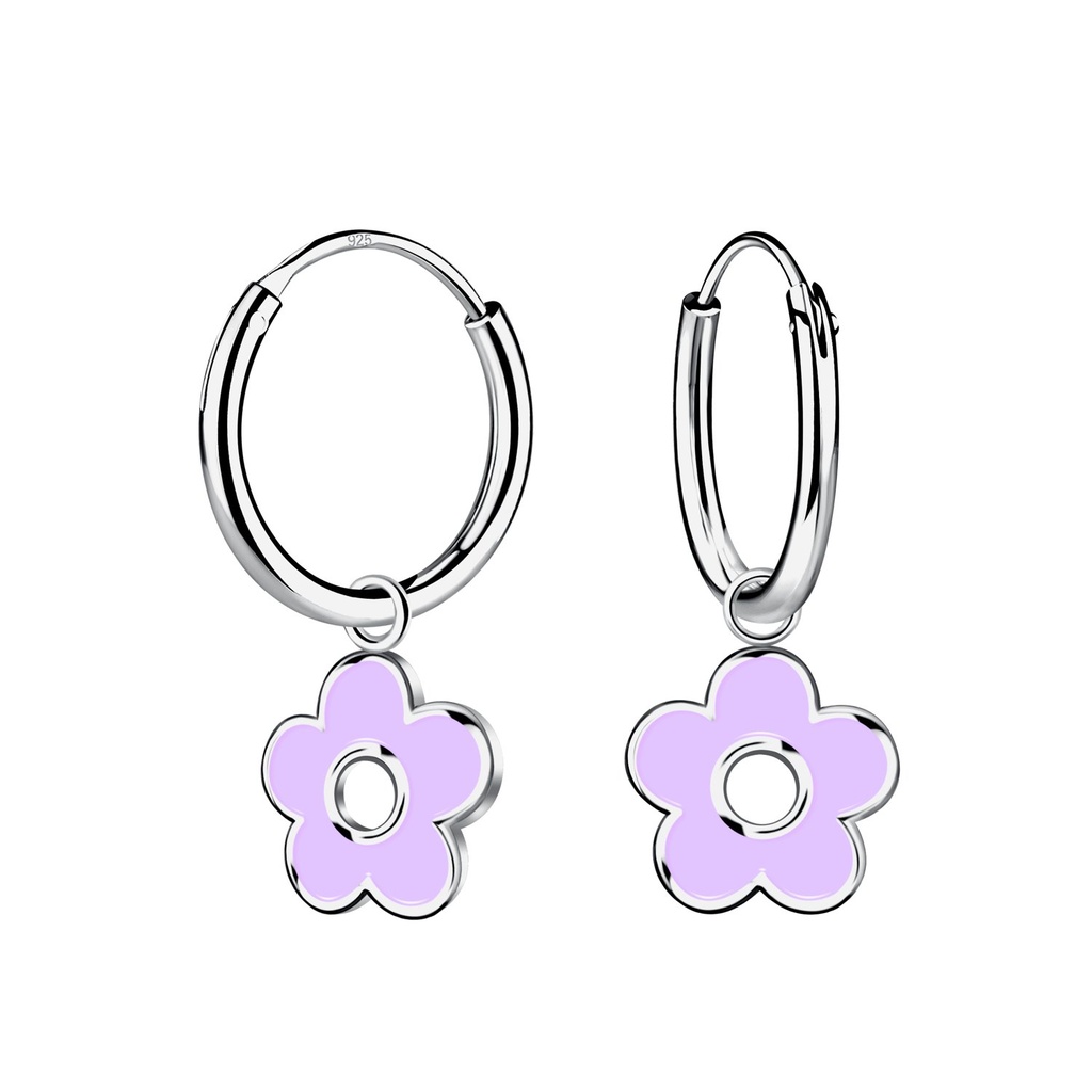 Silver Flower Charm Hoop Earrings