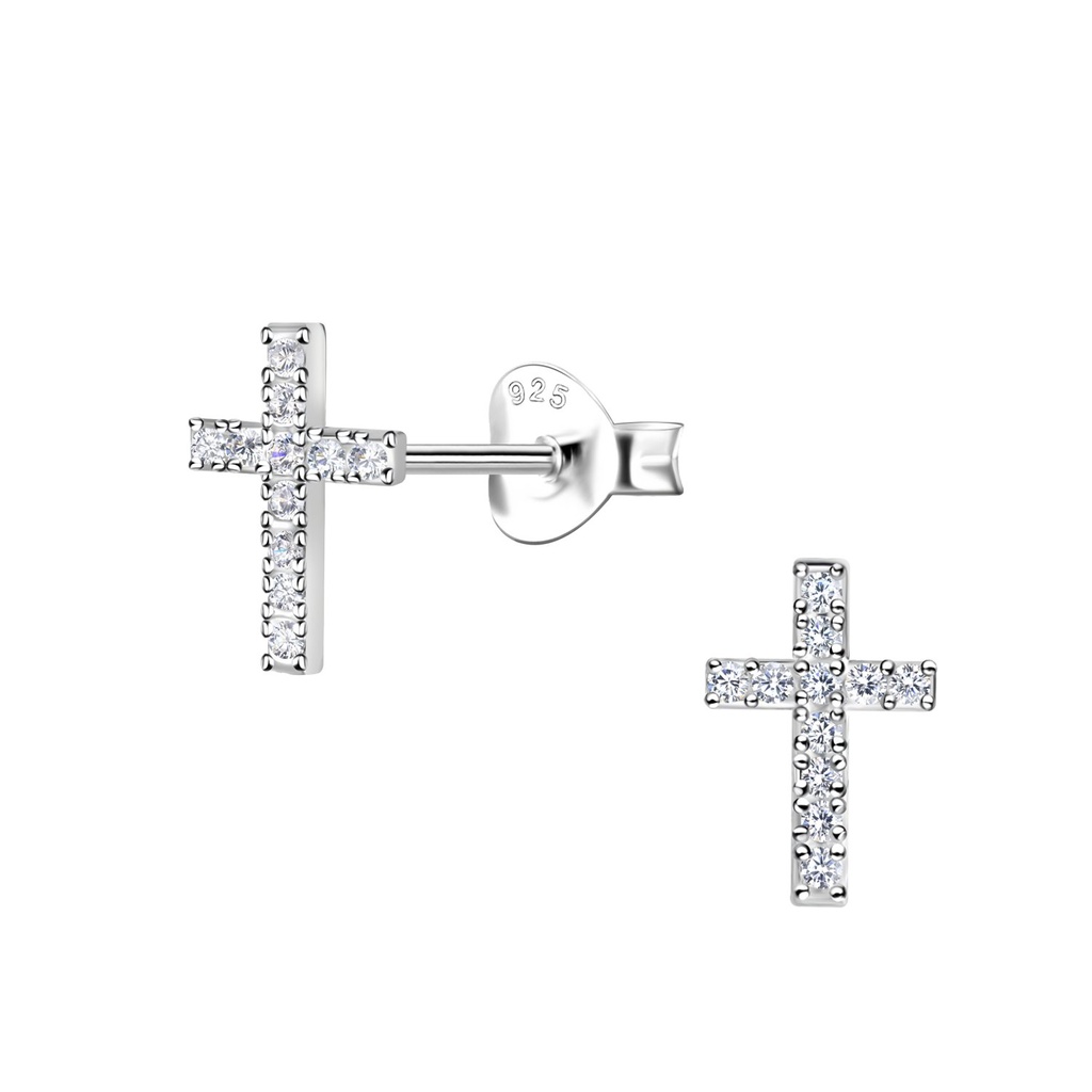 Silver Cross Cubic Zirconia Stud Earrings