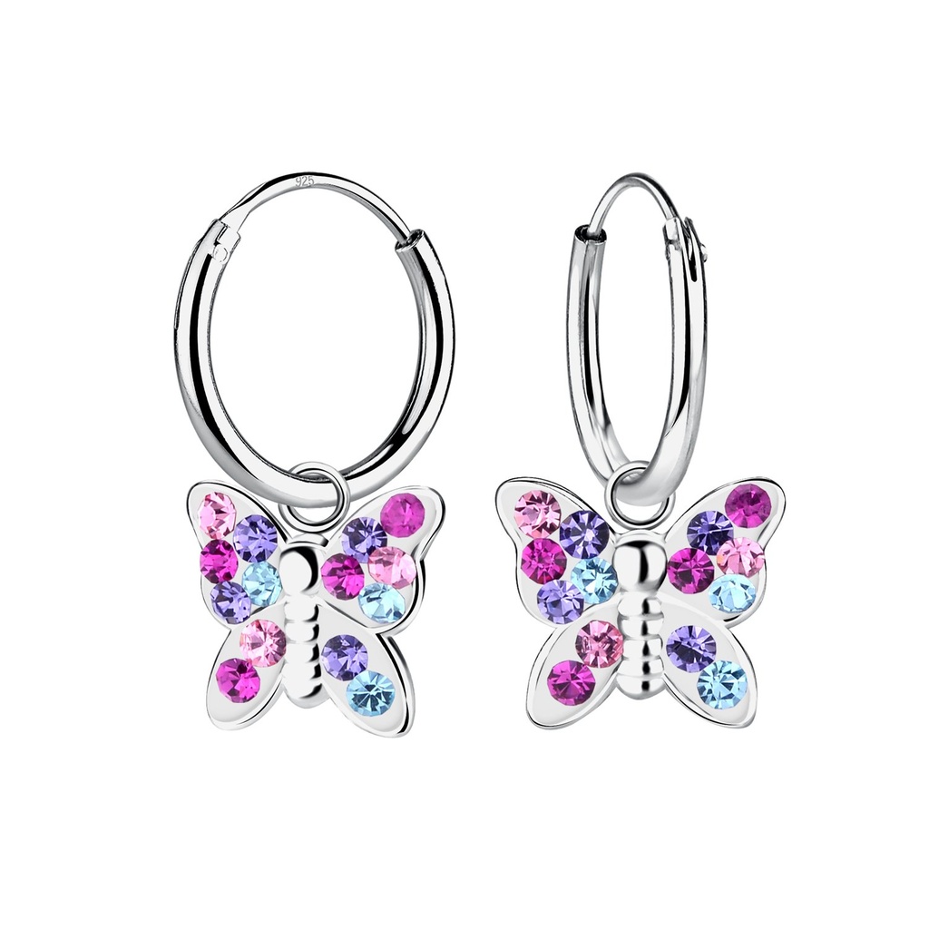 Silver Butterfly Crystal Charm Hoop Earrings