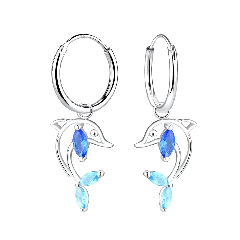 [10029503] Silver Dolphin Charm Hoop Earrings