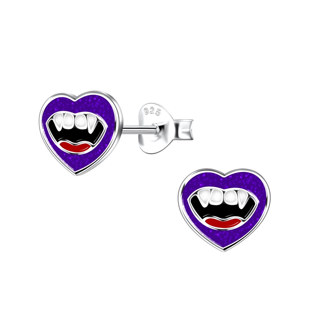 Silver Vampire Heart Stud Earrings