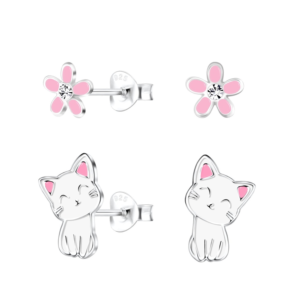 Silver Cat and Flower Stud Earrings Set