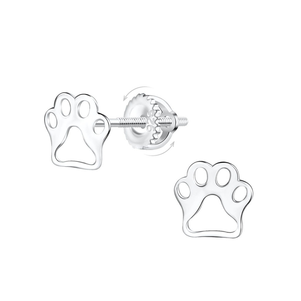 [10013290] Silver Paw Print Screw Back Earrings