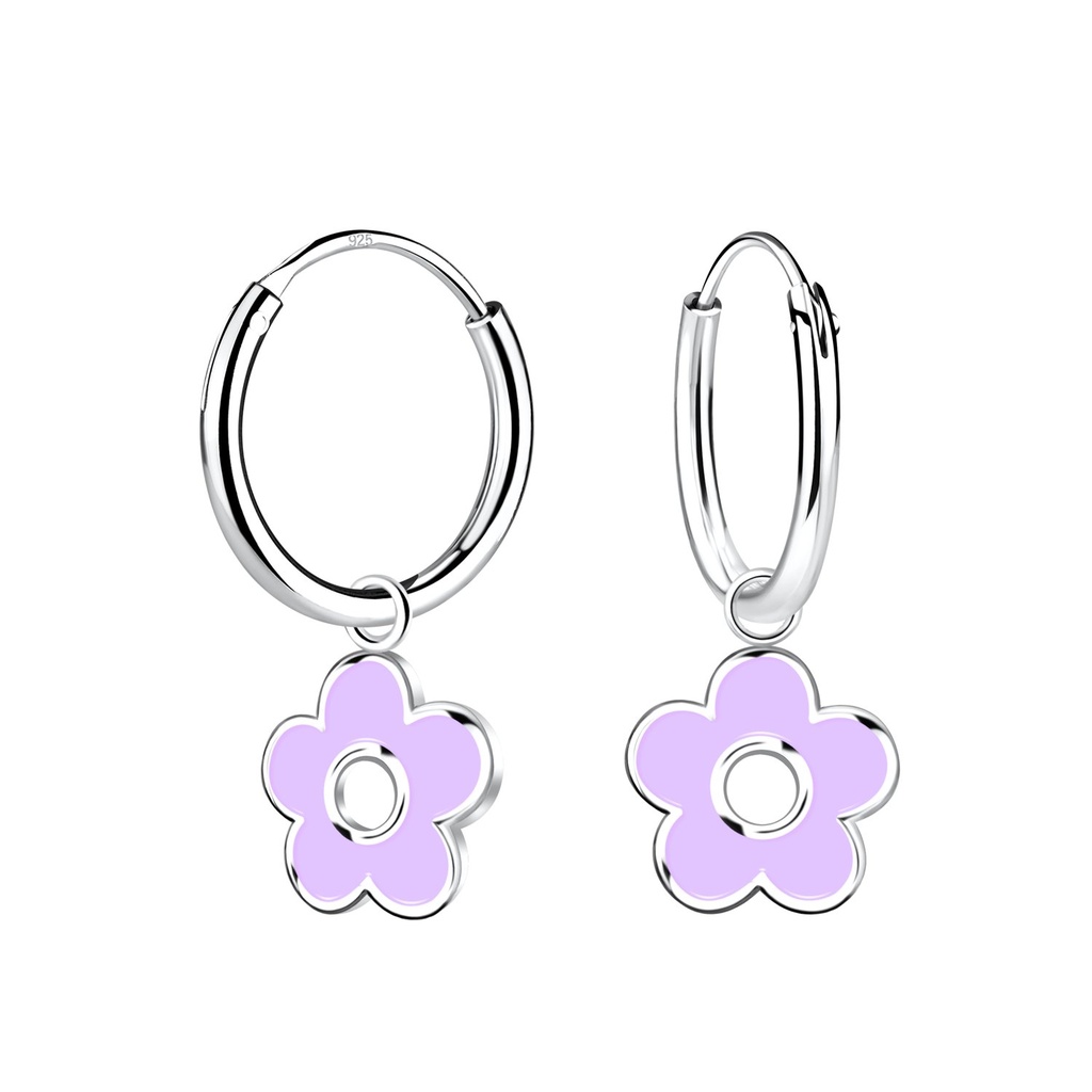 Silver Flower Charm Hoop Earrings