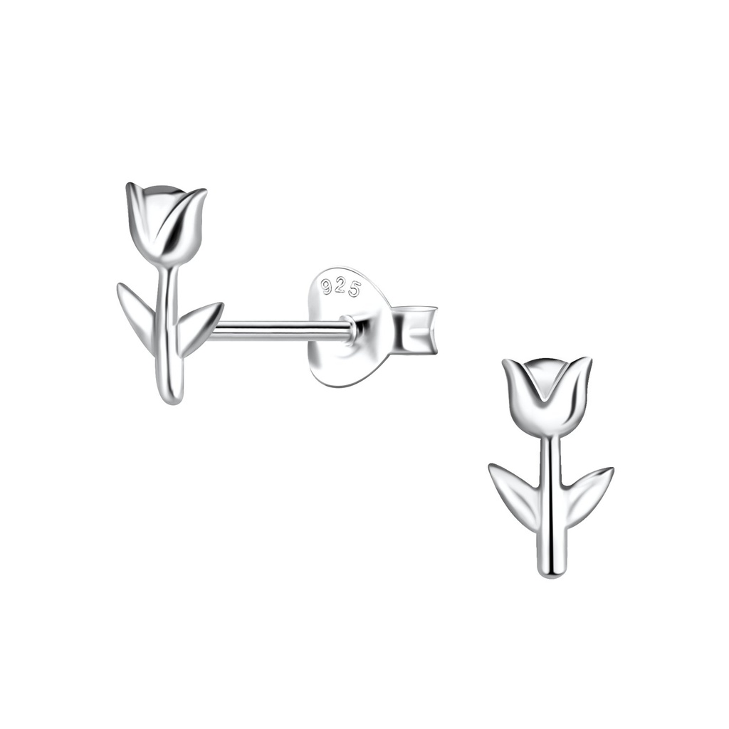 Silver Tulip Flower Stud Earrings
