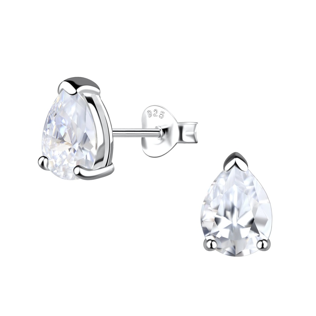 6X8mm Pear Cubic Zirconia Silver Stud Earrings