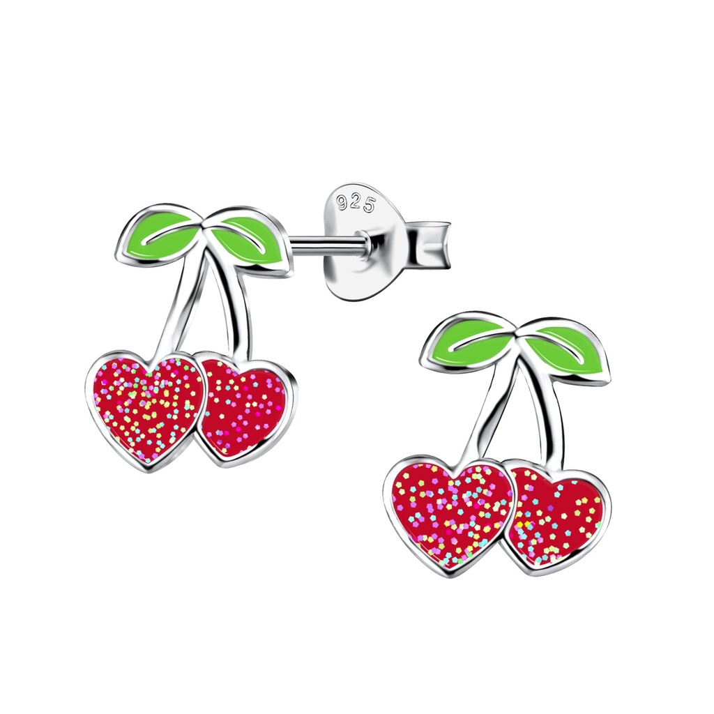 Silver Cherry Heart Stud Earrings