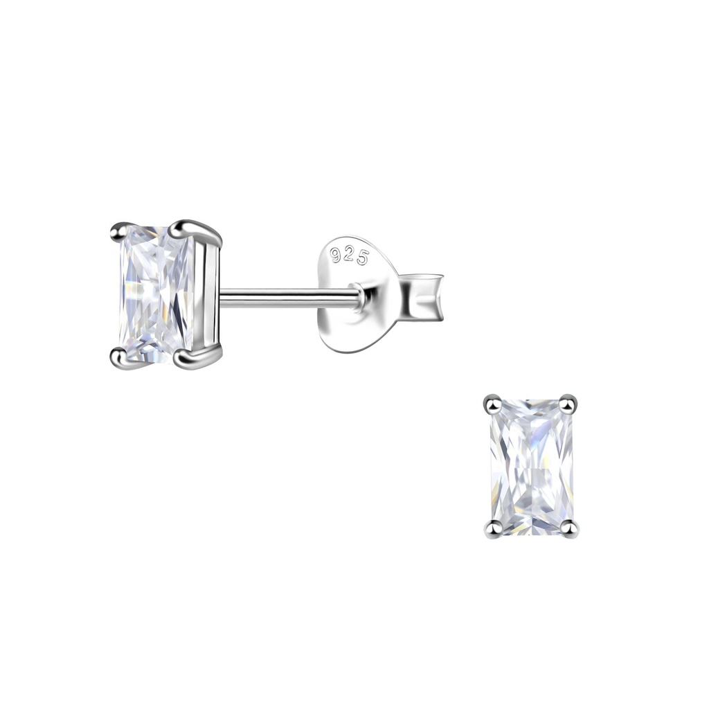 3X5mm Baguette Cubic Zirconia Silver Stud Earrings