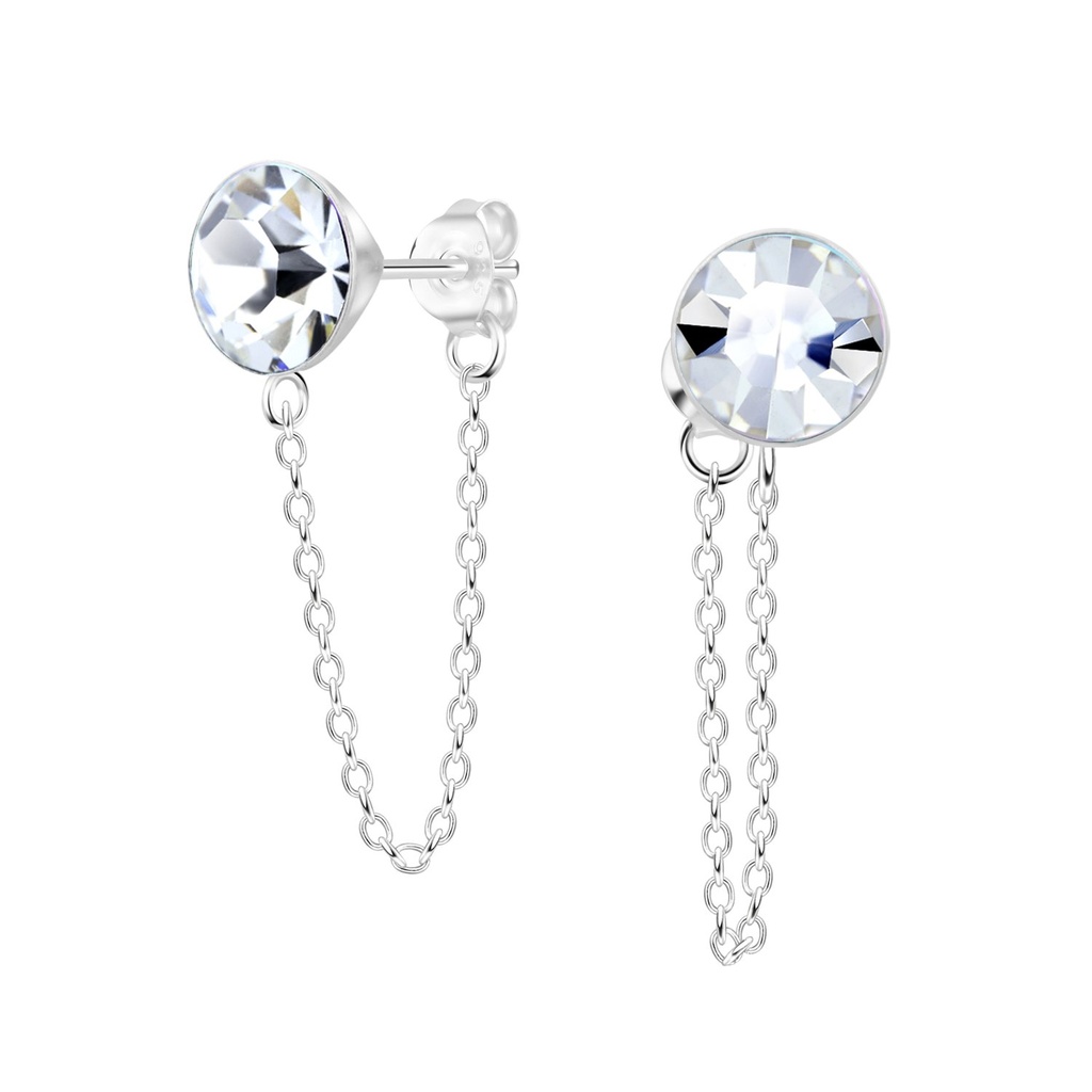 8mm Round Crystal Silver Stud Earrings with Chain
