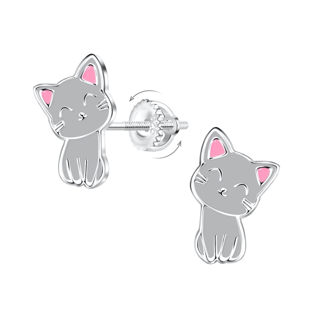 Silver Cat Screw Back Earrings