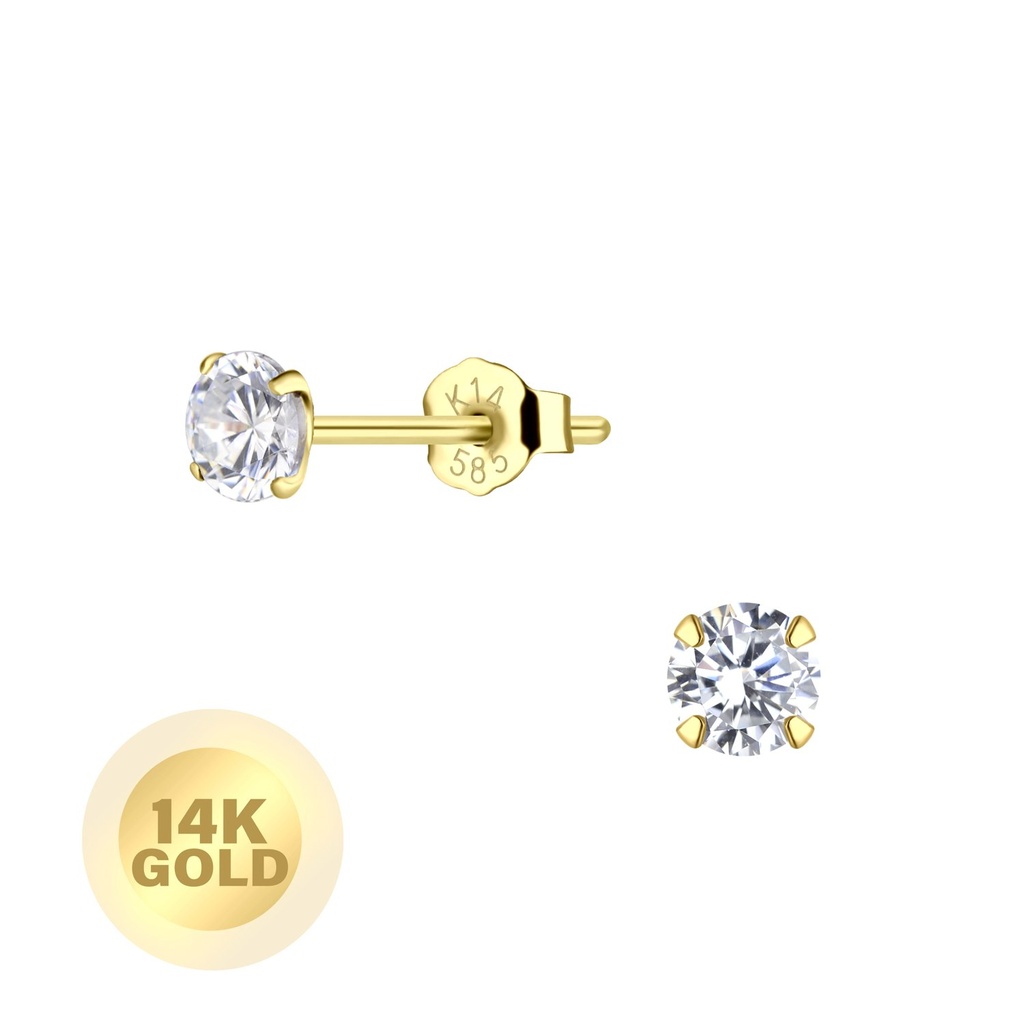 Puces d'oreilles en or massif 14K zircon rond 4 mm