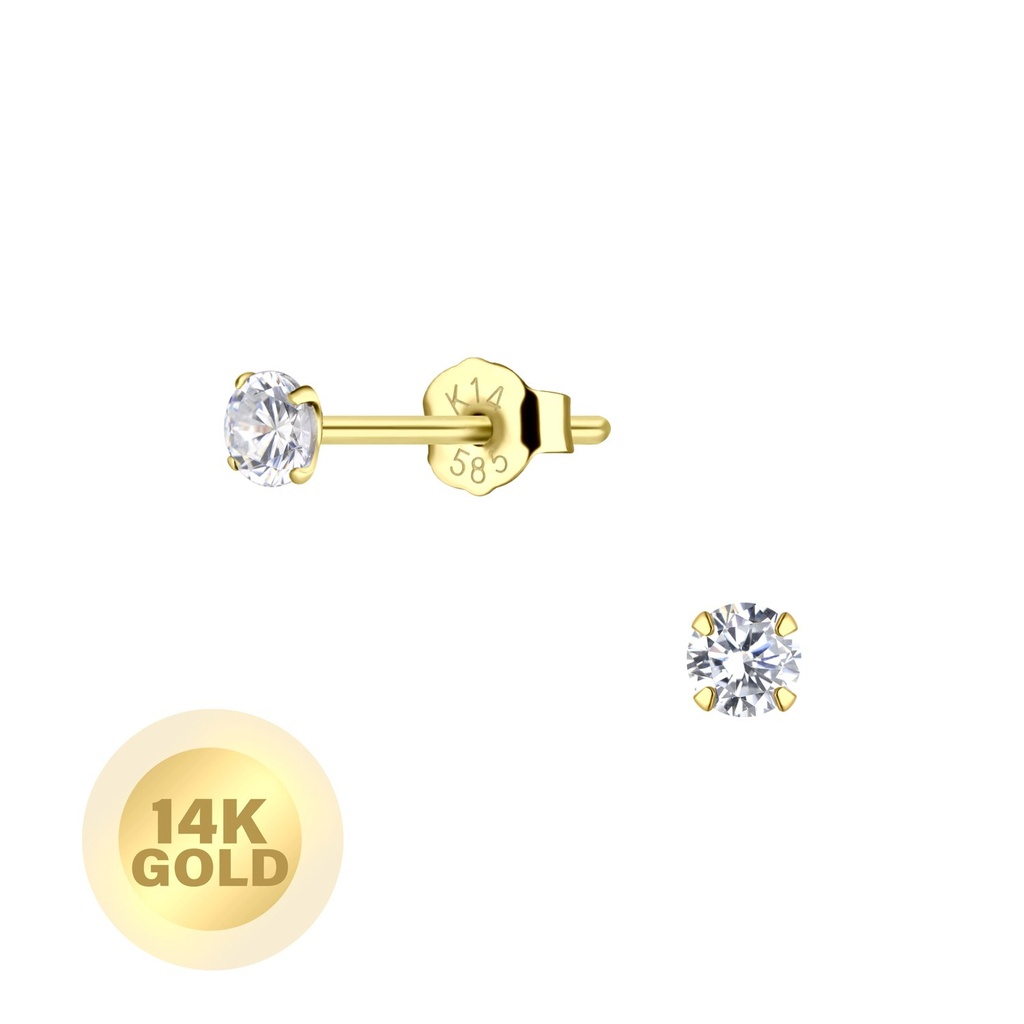 [10023825] 14K Solid Gold – 3mm Round Cubic Zirconia Stud Earrings