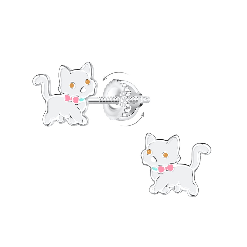 Silver Cat Screw Back Earrings