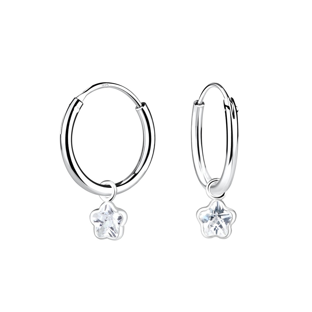 4mm Flower Cubic Zirconia Silver Charm Hoop Earrings