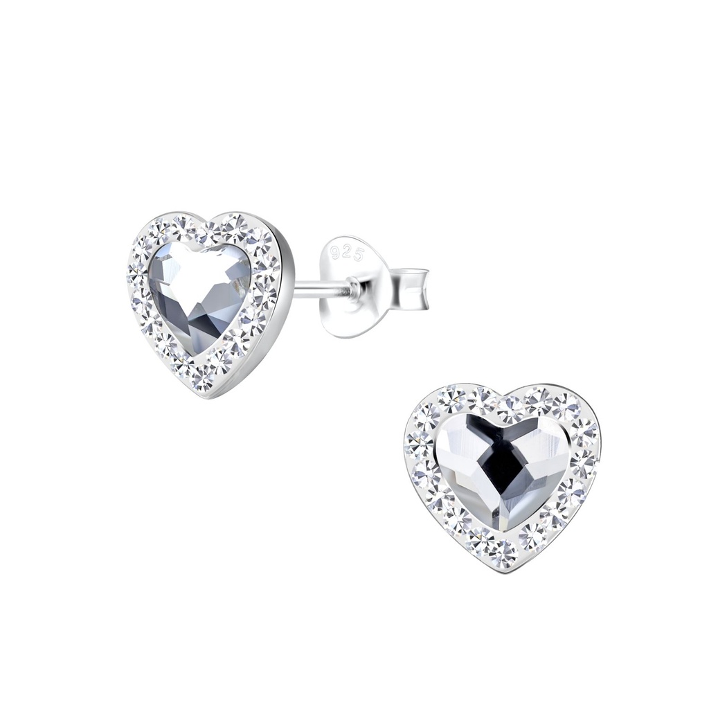 Silver Heart Crystal Stud Earrings