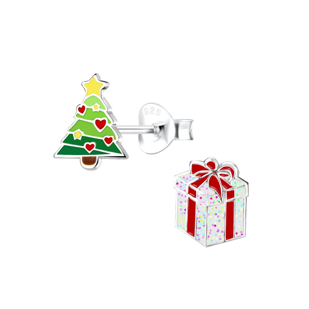 Puces d'oreilles sapin de Noël et cadeau en argent