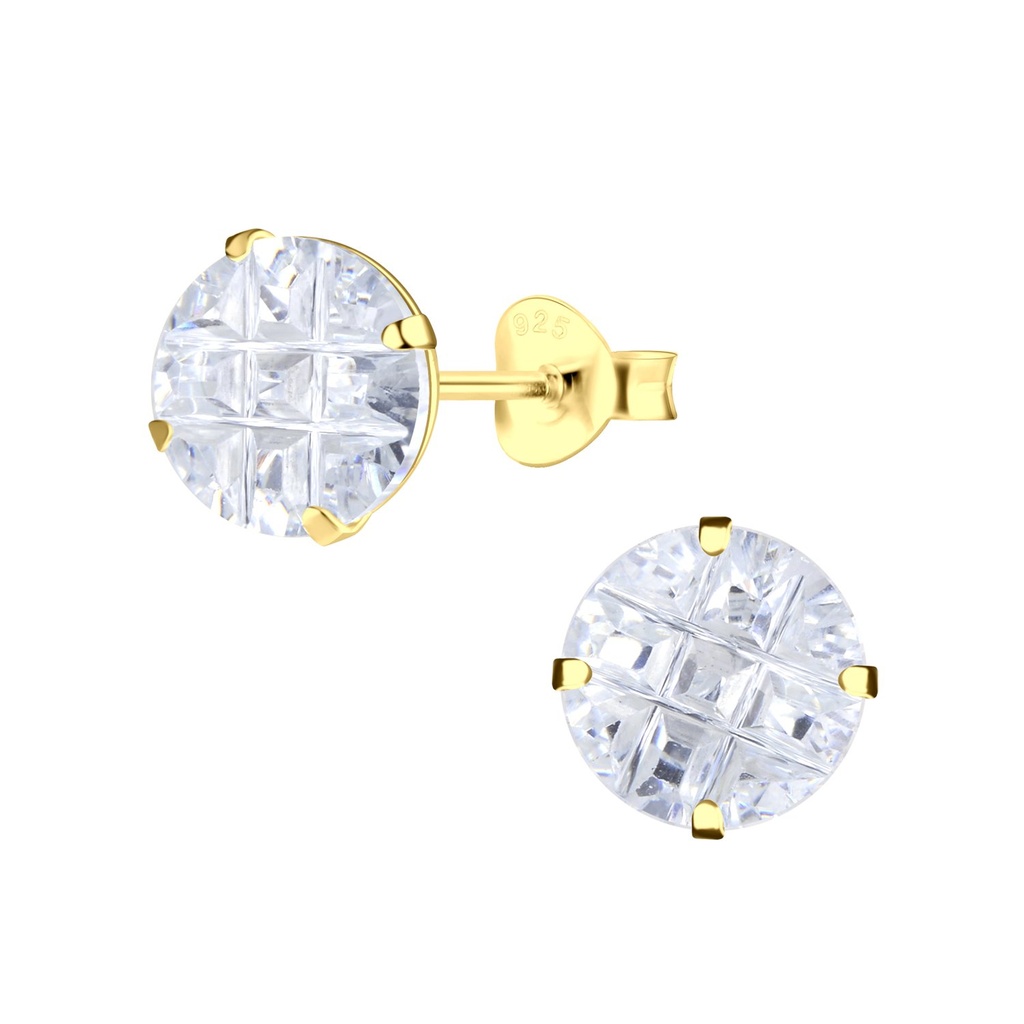 8mm Round Checkerboard Cubic Zirconia Silver Stud Earrings