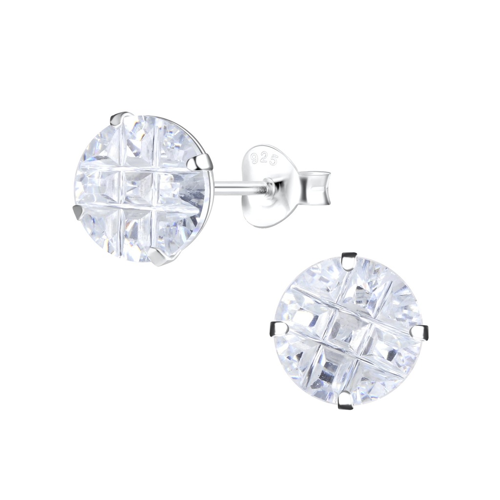 [10011685] Puces d'oreilles damier rond en argent zircon 8 mm