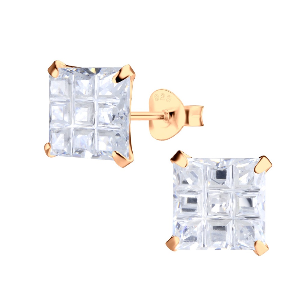 [10011683] 8mm Square Checkerboard Cubic Zirconia Silver Stud Earrings