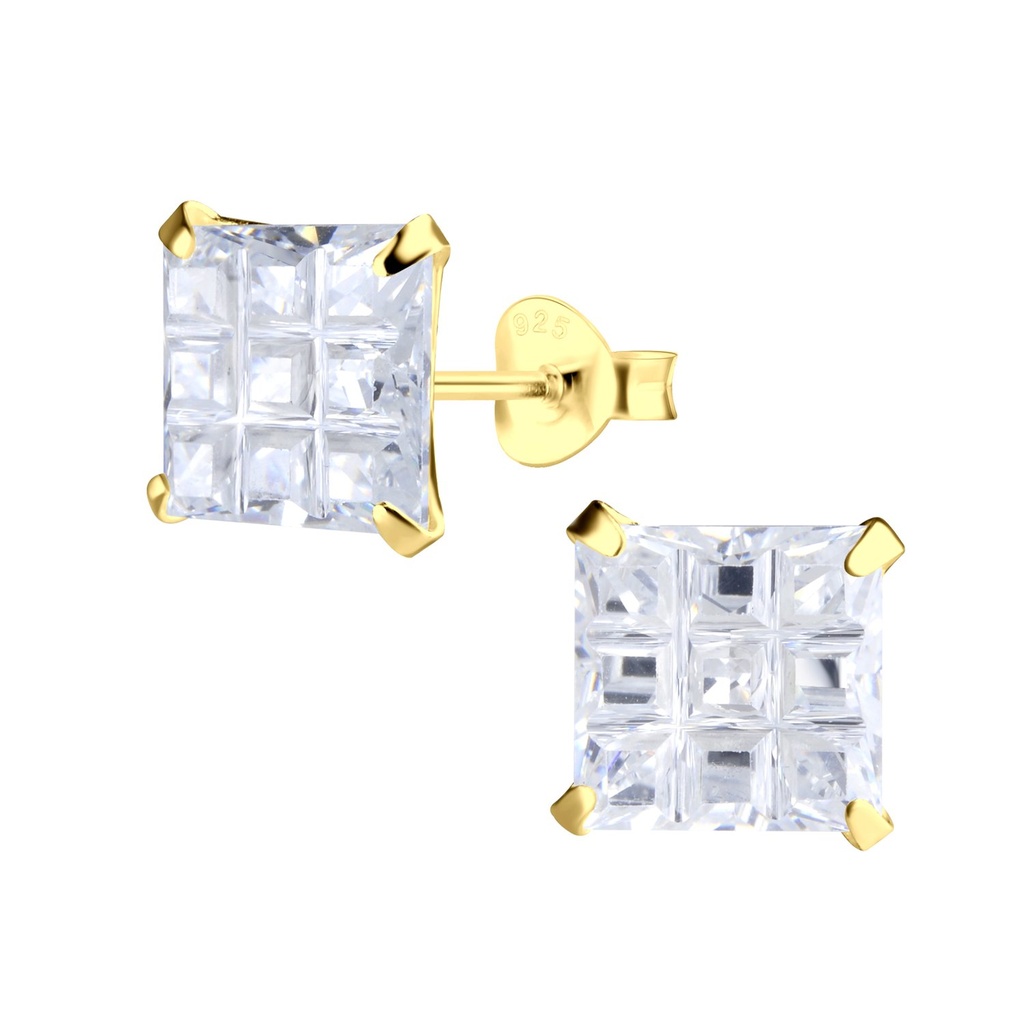 [10011682] 8mm Square Checkerboard Cubic Zirconia Silver Stud Earrings