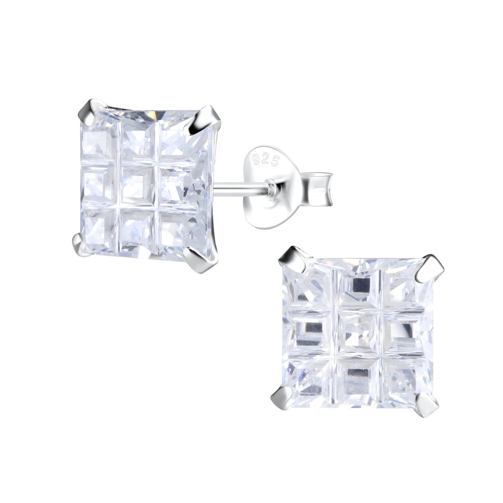 Puces d'oreilles damier carré en argent zircon 8 mm