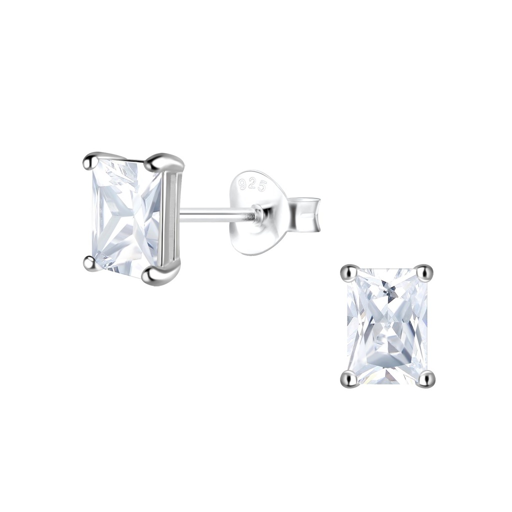 4x6mm Baguette Cubic Zirconia Silver Stud Earrings