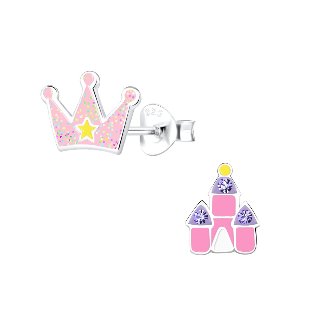 Puces d'oreilles couronne et château en argent