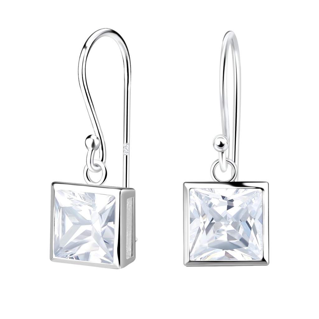 [10028337] 6mm Square Cubic Zirconia Silver Earrings