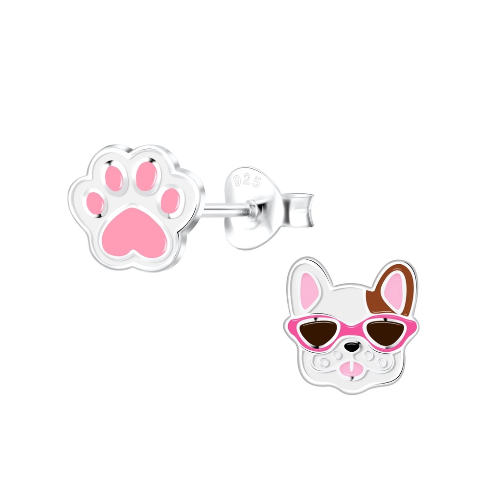 [10027938] Puces d'oreilles empreinte de patte et bouledogue français en argent