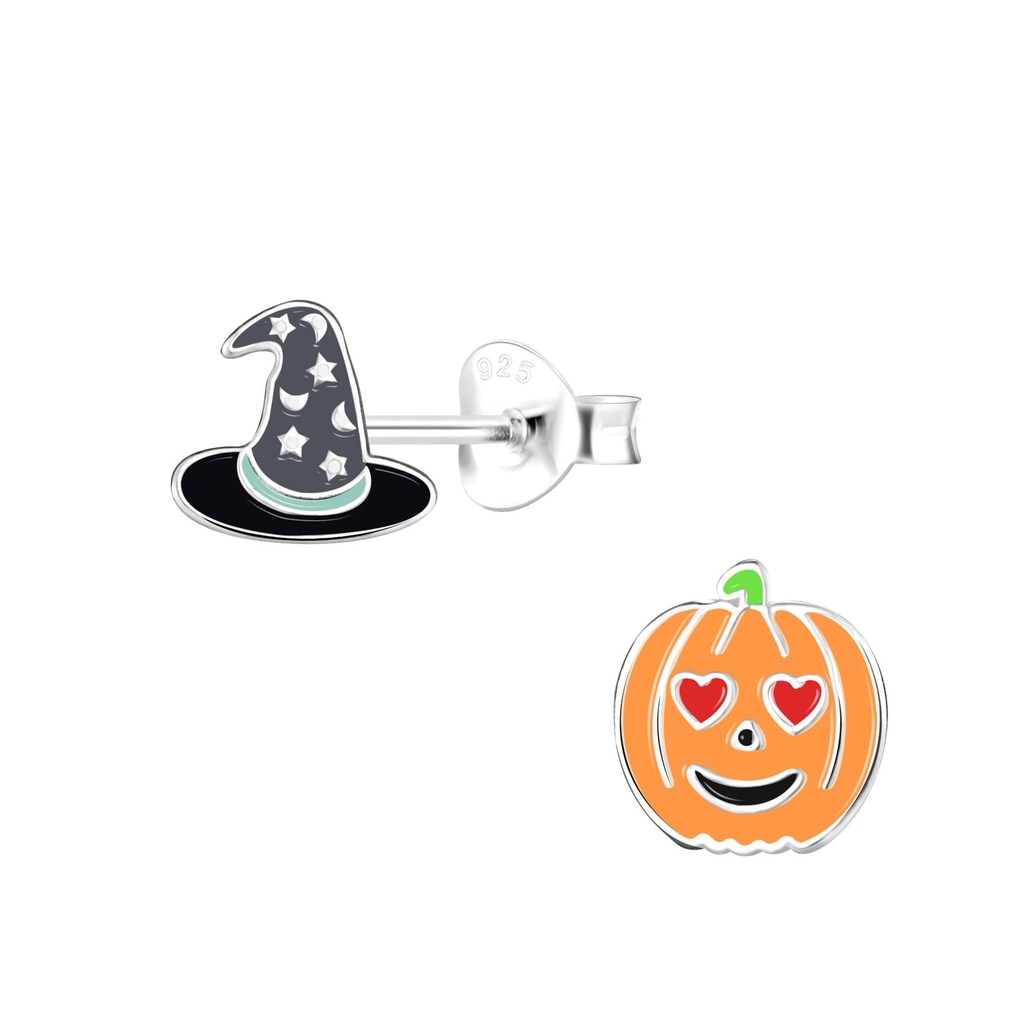 Puces d'oreilles sorcière, chapeau et citrouille en argent