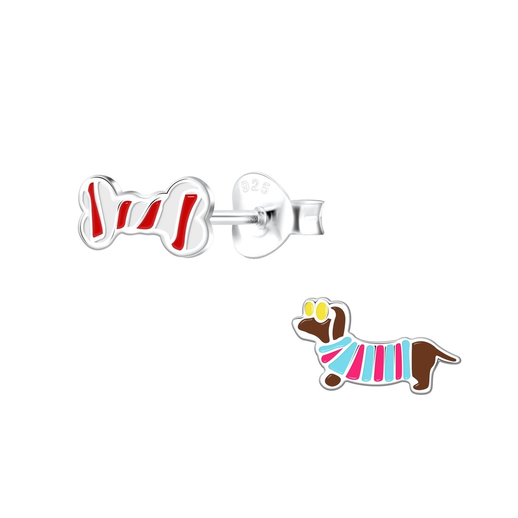 Silver Bone and Dachshund Dog Stud Earrings