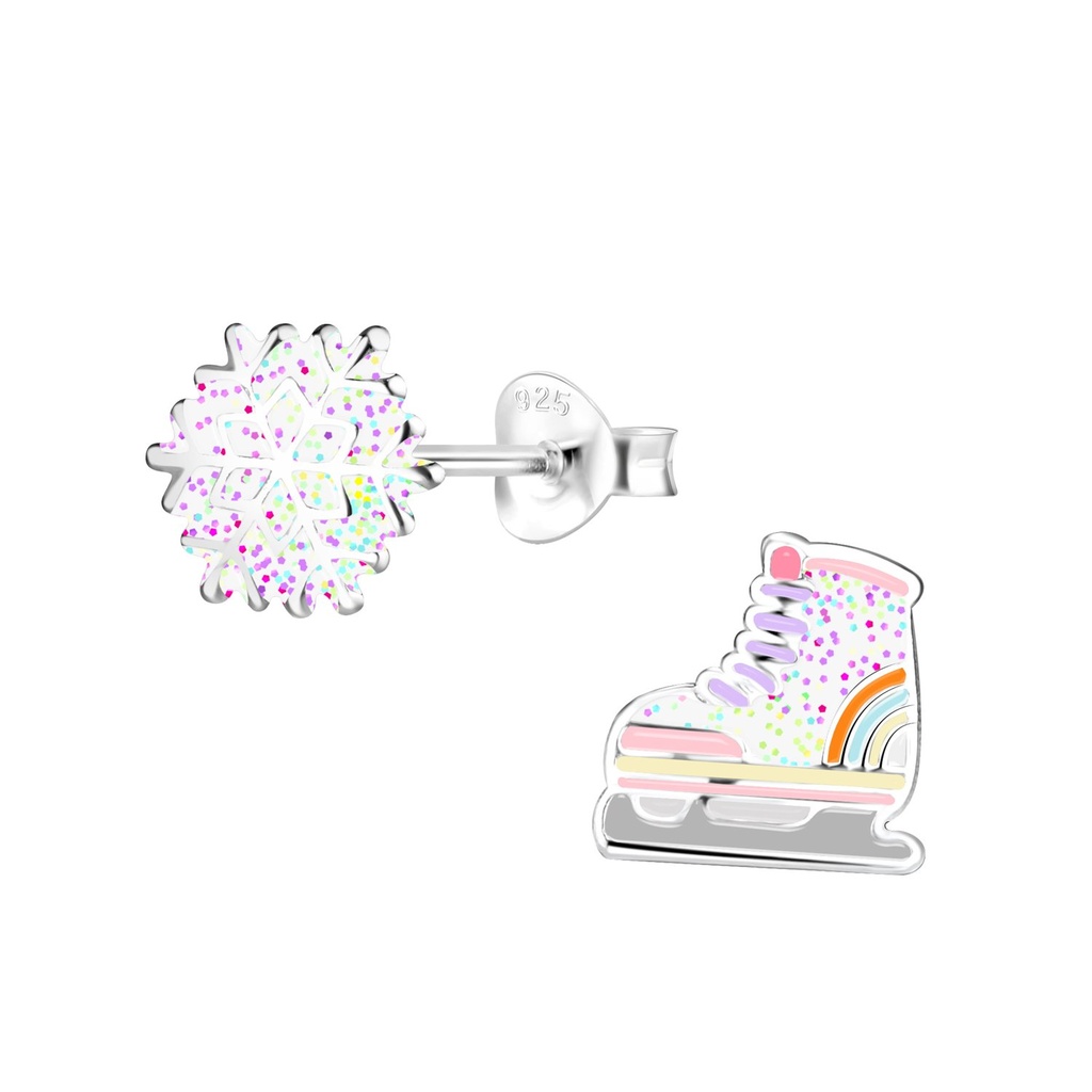 Puces d'oreilles flocon de neige et roller en argent